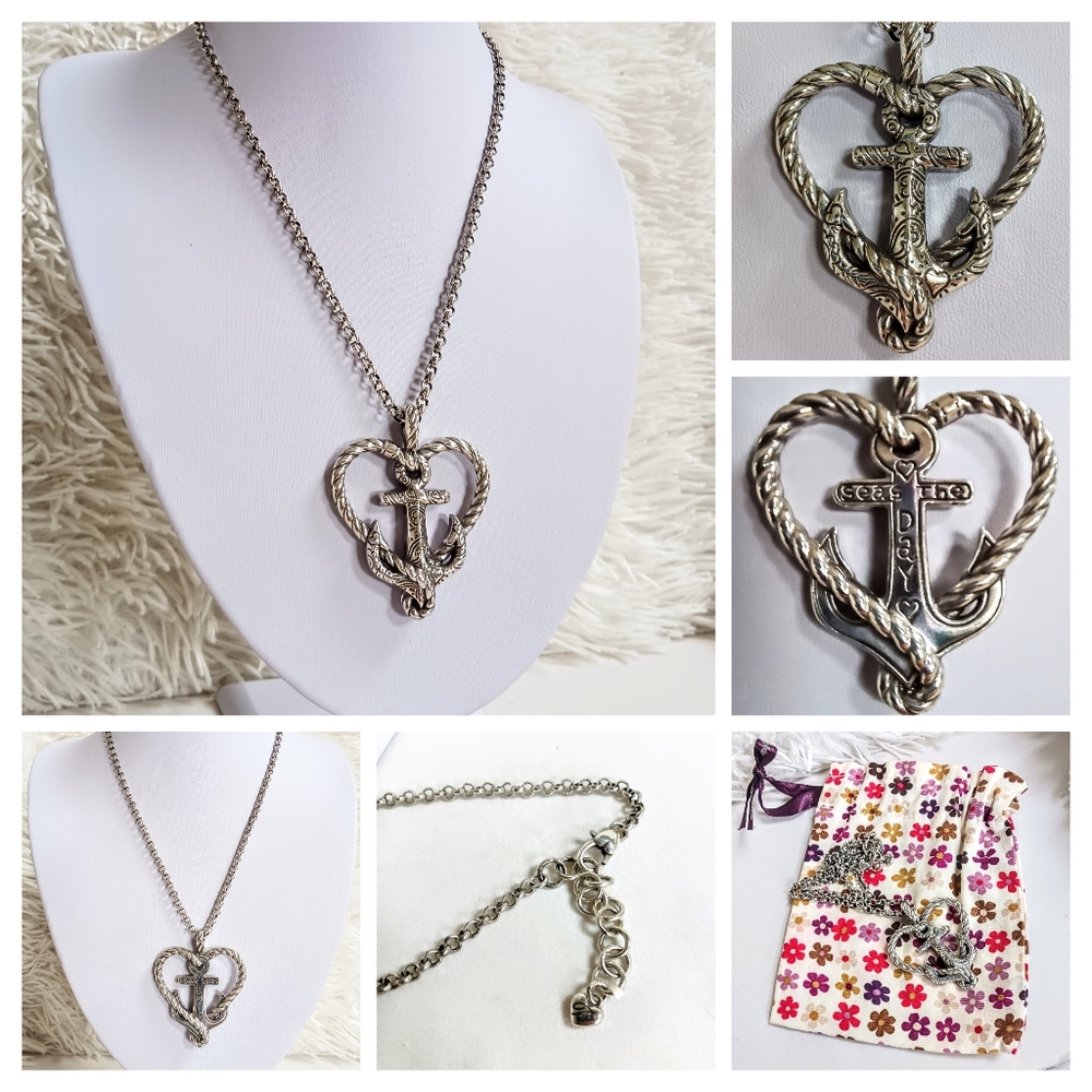 Brighton Necklace Silver Seas the Day Anchor Heart with Pouch